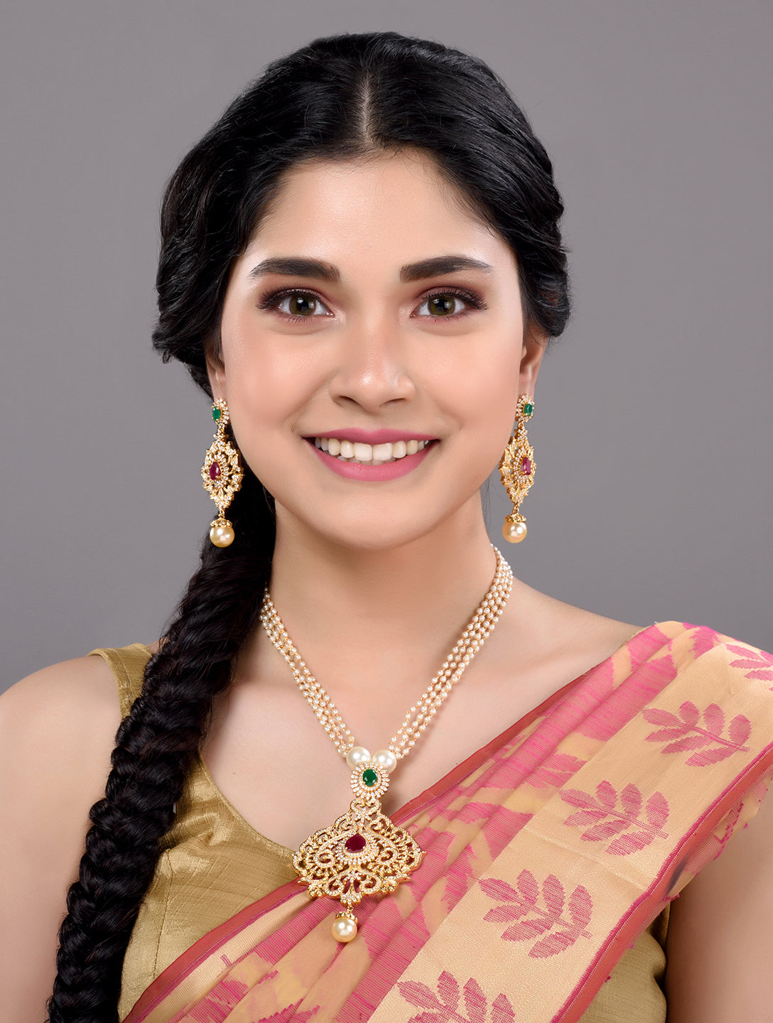 Gold Plated Multi AD & Pearl Studded Hand Crafted Traditional Pendant Necklace Earrings Set